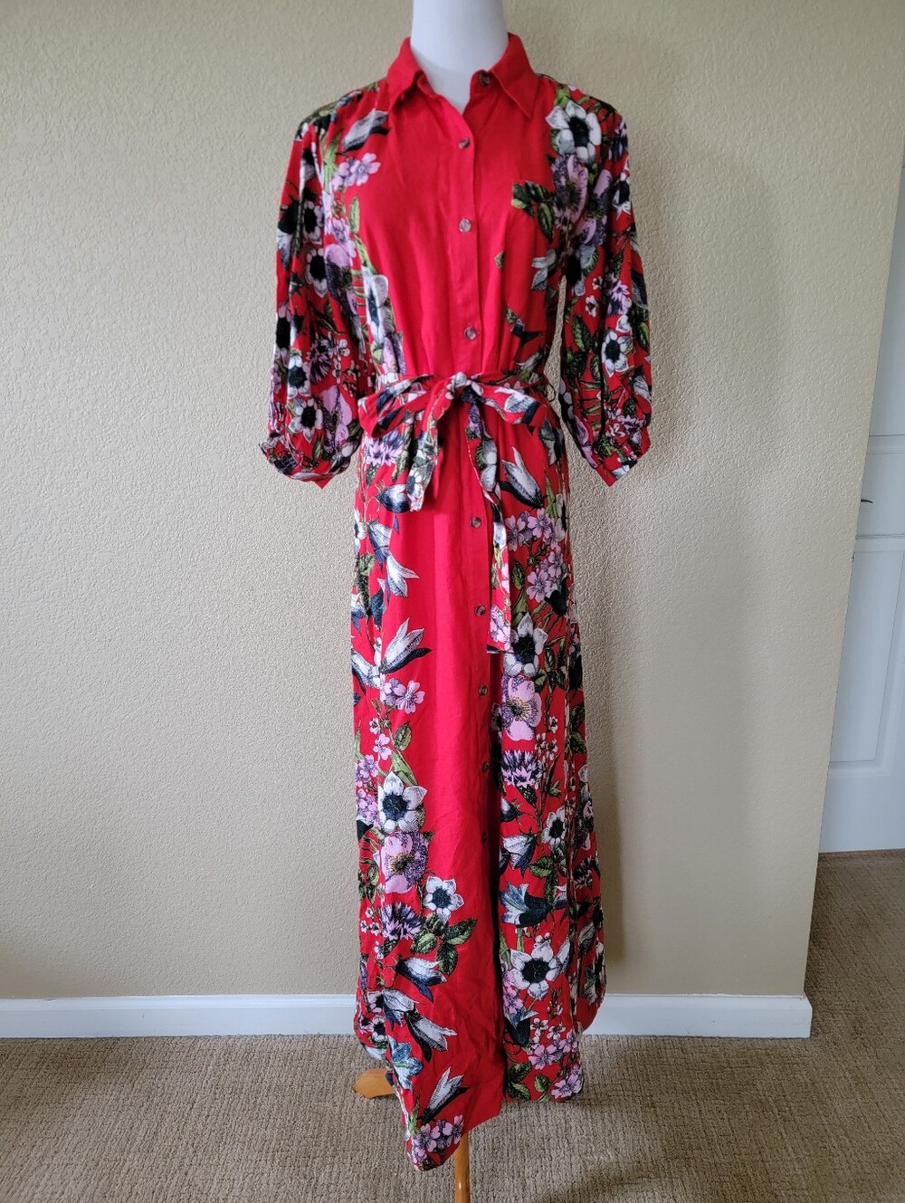 Maeve by Anthropologie Red Linen-Blend Floral Maxi Dress, Size XS